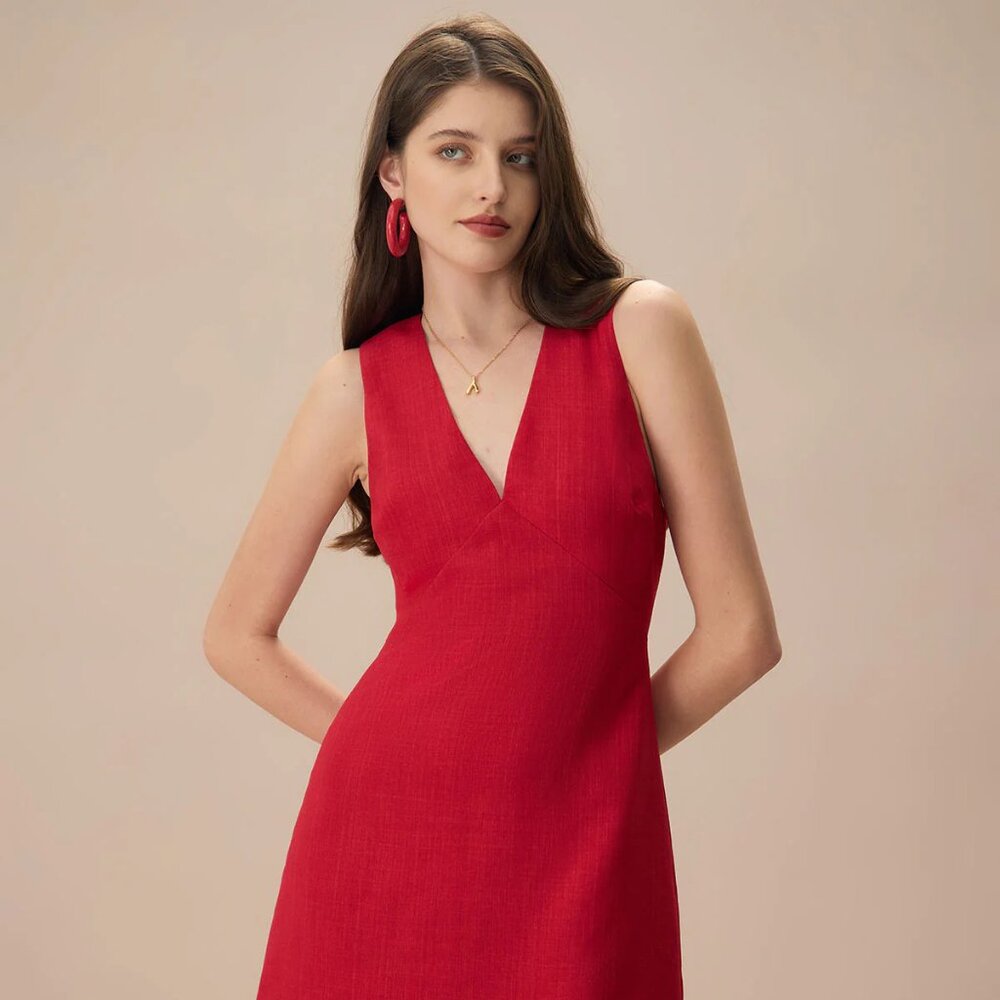 RIOHAS The Red V Neck Sleeveless Linen Mini Dress